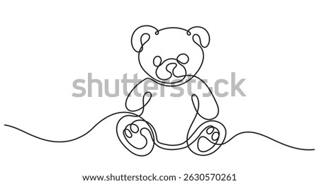 Continuous line drawing of a cute teddy bear.Soft toy in a simple, single linear style.Concept of bear, toy, doll, gift, valentine, birthday, romance, relationship, and love.vector illustration.