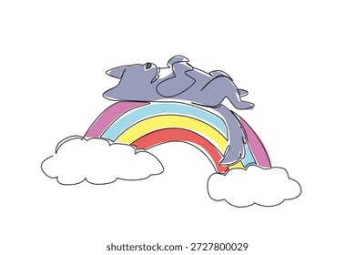 Dibujo de línea continua de lindo lobo de madera dormido supino en un arco iris con nubes. Concepto de Naturaleza de diseño Wilderness Theme para la conservación del lobo. Arte vectorial minimalista para niños senderismo parche