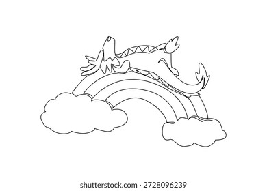 Continuous line drawing of cute whimsical dragon sleeping supine on a rainbow. Fantasy concept design features a mythical theme for storybooks. Minimalist art for kids bedroom decor