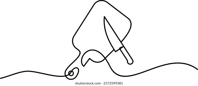 continuous line drawing of cutting board symbol with knife. abstract line art illustration