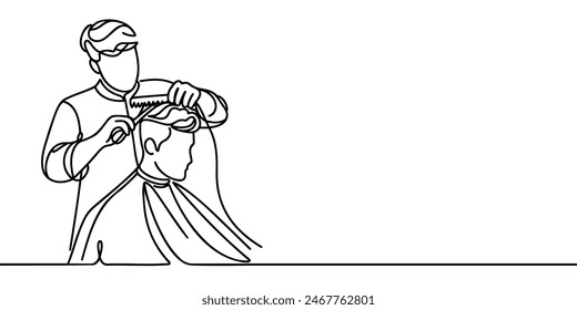 Continuous line drawing cutting hair at the barbershop.