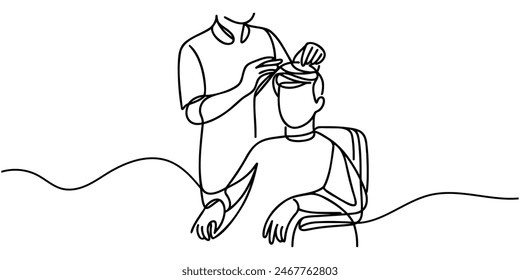 Dibujo de línea continua cortando pelo en la barbería.