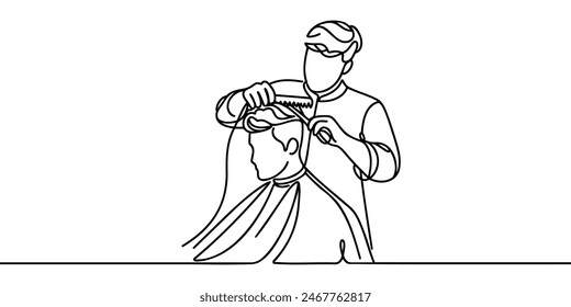 Continuous line drawing cutting hair at the barbershop.