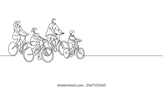 continuous line drawing of cycling with family.single line drawing of family sports together.cycling outdoors.single line vector illustration.isolated white background