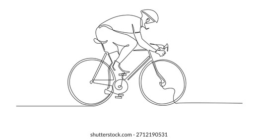 Kontinuierliche Linienzeichnung eines Radsportlers, der auf einem Rennrad in einer fokussierten Position fährt. Einzeilige Illustration, die das Sport-Ausdauer-Geschwindigkeitstraining und den Wettkampf darstellt.
