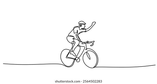 Continuous line drawing of a cyclist on a road bike, depicting a journey of fitness and healthy living. Minimalist design for sports enthusiasts. Vector illustration hand drawn.