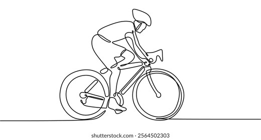 Continuous line drawing of a cyclist on a road bike, capturing the essence of cycling for sport and health. Minimalist design for active living. Vector illustration hand drawn.