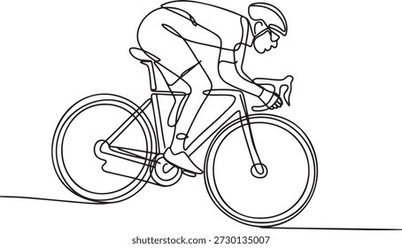 Continuous line drawing of a cyclist riding a bicycle. Sport activity, healthy lifestyle, and racing concept. Single line art of a person cycling, showcasing dynamic movement and athletic form. Minimalist design for fitness and outdoor recreation themes.