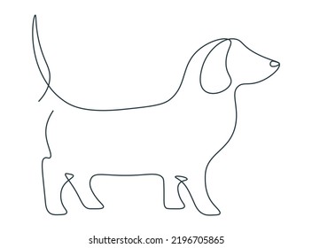 Continuous line drawing of dachshund. Silhouette of walking dog. Outline drawing with single line. Dog in one line. Modern simple illustration in minimalist style. Abstraction on isolated background.