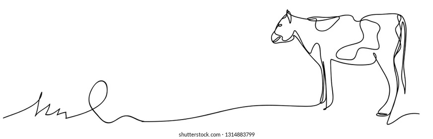 Continuous Line, Drawing Of Dairy Cow Dairy Farm Mammal Animal Vector Illustration Cute, Simple Lines.