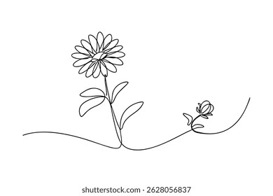 Continuous line drawing of a daisy blooming with a smaller bud in nature's embrace