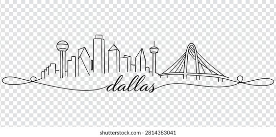 Continuous line drawing of the Dallas city skyline featuring the iconic Reunion Tower and Margaret Hunt Hill Bridge, with the city name written in script.