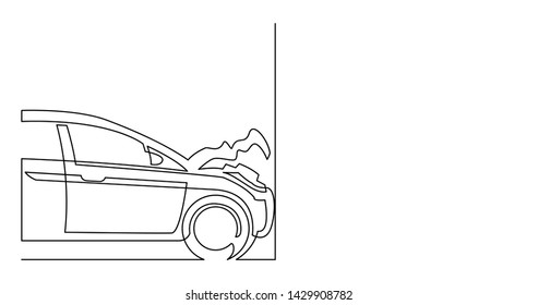 continuous line drawing of damaged car smashed into wall