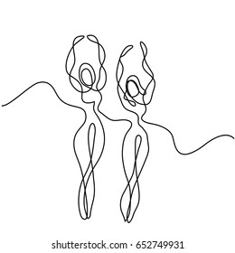 Continuous line drawing of dancing women. Vector illustration