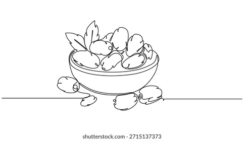 Dibujo de líneas continuo de fechas en un cuenco. Mes sagrado islámico Ramadán Kareem concepto minimalista una línea de arte Ilustración vectorial de dibujo