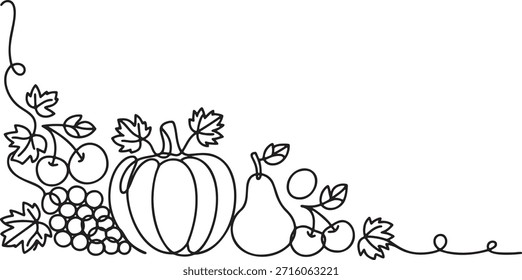Dibujo de línea continua de un borde decorativo de la esquina con frutas y verduras de otoño como calabazas, uvas, peras y cerezas. El boceto de esquema captura la cosecha de otoño y los temas de acción de gracias. El doodle simple ilustra la abundancia natural y la decoración estacional.