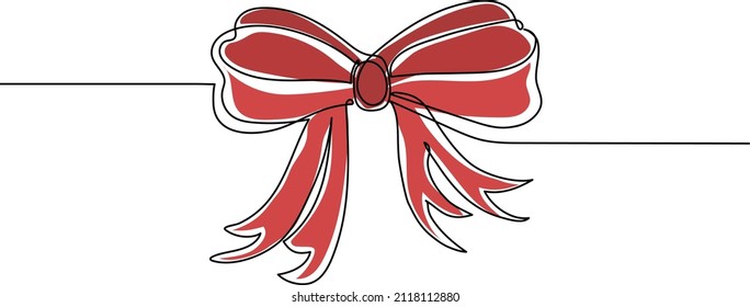 Durchlaufende Linienzeichnung einer dekorativen roten Schleife einzeln auf weißem Hintergrund. Konzept der Schleifenlinie von Ribbon.