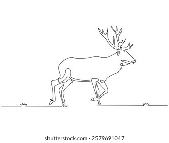 Continuous line drawing of deer horned. Single line illustration of deer or moose. Hunting animal, horned animal concept. Editable outline