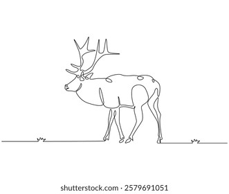 Continuous line drawing of deer horned. Single line illustration of deer or moose. Hunting animal, horned animal concept. Editable outline