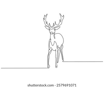 Continuous line drawing of deer horned. Single line illustration of deer or moose. Hunting animal, horned animal concept. Editable outline