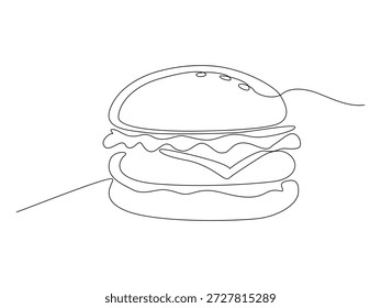 Un dibujo de línea continua de una deliciosa hamburguesa con queso y lechuga en un estilo gráfico minimalista.