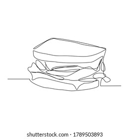 dibujo de línea continua de un delicioso sándwich. Comida rápida o comida chatarra concepto de una sola línea para café, restaurante y tienda de comida. ilustración vectorial