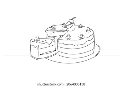 Continuous line drawing of delicious sliced cake or pudding. Single one line art piece of sweet food dessert. Vector illustration