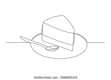 Dibujo continuo en línea de deliciosa tarta o pudín en rodajas. Una sola línea de arte de un postre de comida dulce. Ilustración del vector