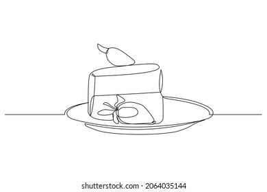 Continuous Line Drawing Of Delicious Sliced Cake Or Pudding. Single One Line Art Piece Of Sweet Food Dessert. Vector Illustration