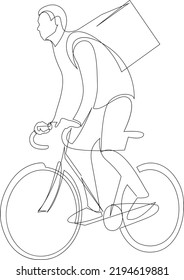 Continuous line drawing of delivery man on the bike. Vector illustration.