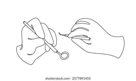 Continuous line drawing of a dentist's hands with the most basic oral instruments: a dental mirror and a dental probe. Medical instruments widely used in dental treatment.