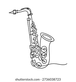 A continuous line drawing depicting a classic tenor saxophone in monochrome