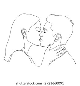 Un dibujo de línea continua que representa a una pareja besándose con los ojos cerrados, transmitiendo intimidad y romance.