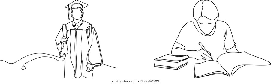 Continuous line drawing depicting graduation and student studying education related concepts