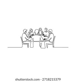 Un dibujo de línea continua que representa a un grupo de personas sentadas alrededor de una mesa