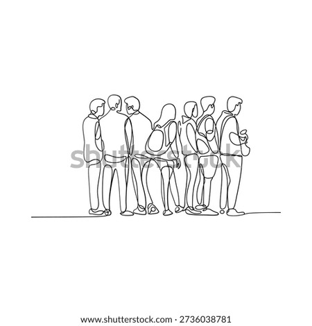 Continuous line drawing depicting a group of people standing together closely