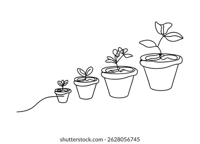 Dibujo de línea continua que representa las etapas de crecimiento de una planta en diferentes macetas