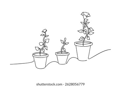 Desenho de linha contínua que retrata os estágios de crescimento de plantas em vaso e flor