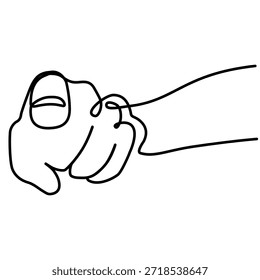 Um desenho de linha contínua representando uma mão apontando diretamente para a frente, frequentemente usado para significar seleção ou direção. A imagem é um contorno simples e preto sobre um fundo branco.