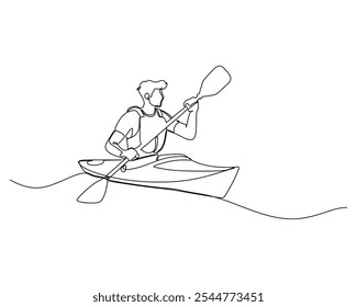 continuous line drawing depicting a kayaker moving through calm waters. Minimalist style illustration of a peaceful and engaging outdoor experience