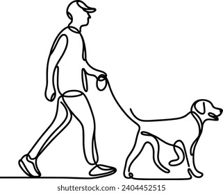 dibujo de línea continua que representa a una persona caminando con un perro. Ilustración del vector