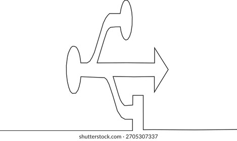Eine durchgehende Strichzeichnung, die ein stilisiertes USB-Symbol mit einem zentralen Pfeil, zwei kreisförmigen Anschlüssen und einem rechtwinkligen Zweig darstellt und in einem minimalistischen Schwarz-Weiß-Stil präsentiert wird.