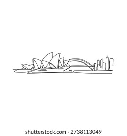 Continuous line drawing depicting the sydney opera house and skyline