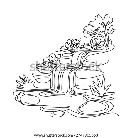 Continuous line drawing depicting a tranquil waterfall and blooming flowers