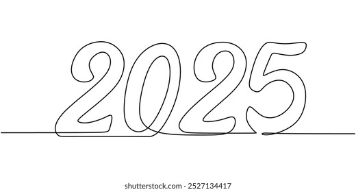 Continuous line drawing depicting the year 2025. A simple and elegant representation of welcoming the new year. Hand-drawn illustration for celebration themes.
