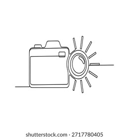 A continuous line drawing depicts a camera with a radiant sunburst effect around its lens, symbolizing photography, light, and creative vision.