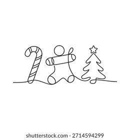 A continuous line drawing depicts a festive christmas scene with winter elements