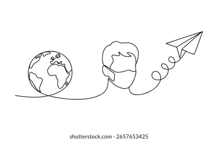 A continuous line drawing depicts a globe, a face wearing a mask, and a paper airplane. 