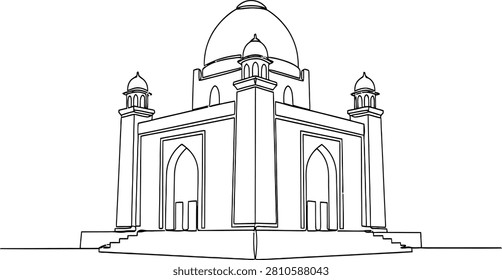 A continuous line drawing depicts a grand historical building with a large dome and minarets