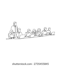 A continuous line drawing depicts a group of people working on laptops